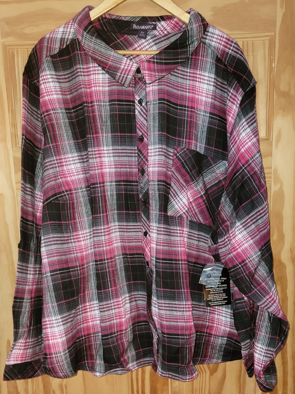 Roaman's Oversized Pink and Black Plaid Button-Down Shirt - Size 36W